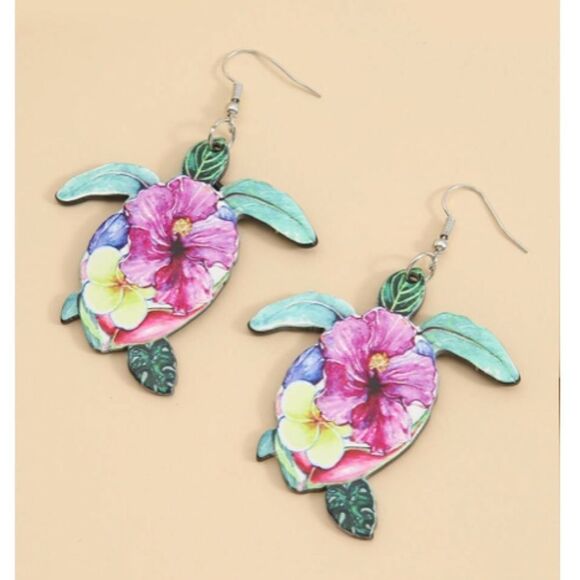 Floral Turtle Drop Earrings - Picture 1 of 4
